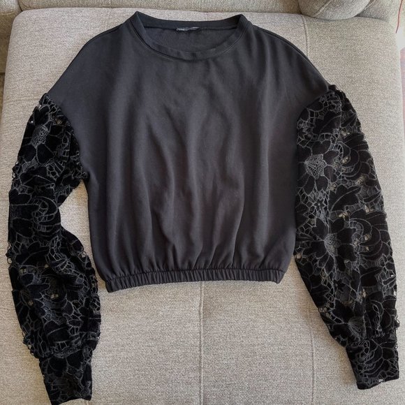 Zara Black Long Loose Crochet Sleeve Crop Top - Picture 9 of 9